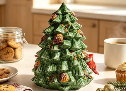 FORLONG Ceramic Christmas Tree Cookie Jar with Lid, Cardinal Bird Decor, Kitchen Food Storage Canister