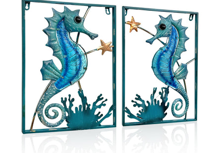 LIFFY Metal Wall Art Seahorse with Frame 13 LED lights,Beach Decor Fish Glass Sculpture Coastal Wall Hanging Ocean Theme Nautical Outdoor Decor for Patio,Garden,Yard,Pool,home gift(2pcs, Blue)