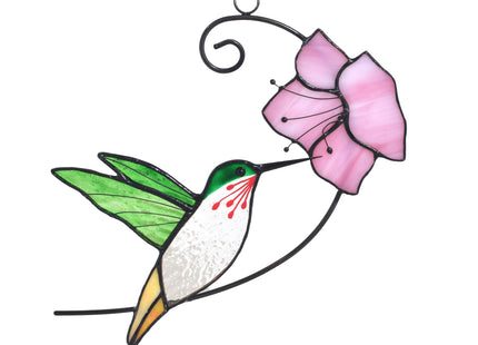 Lolitarcrafts Hummingbird with Flower Stained Glass Suncatcher Bird Stained Glass Window Hangings Hummingbird Gift for Home Decor (Green with Flower)