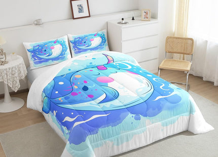Cute Narwhal Comforter Set Twin for Kids Youth,Ranibow Unicorn Bedding Set Gifts for Girls,Cartoon Ocean Whale Duvet Insert Blue Tie Dye Quilt Nautical Ocean Themed Bedroom Decor,Breathable Cozy