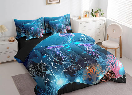 Erosebridal Gradient Jellyfish King Comforter Set 7pcs Sea Animal Bedding Comforter Sets, Underwater World Bed in a Bag Ocean Theme Bedding Set, Marine Beach Bed Sheets Set Coastal Room Decor