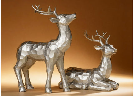 GatheringRain Simulated Deer Ornaments for Christmas Decoration, 2Pcs of Faceted Geometric Resin Deer Ornaments, Home Decoration, Christmas Ornaments (Silver)