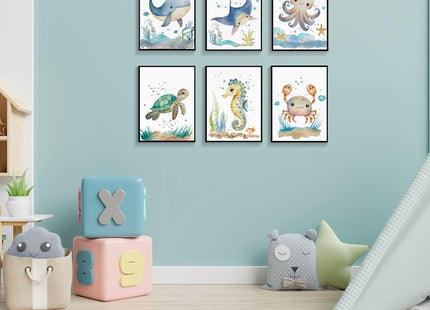 Wodkwq 6 Pcs Ocean Theme Wall Art for Kids Room,Coastal Nursery Decor,Blue Starfish Shell Pictures Boho Sailboat Canvas Painting Modern Beach Prints Wall Decor for Bedroom Bathroom 8x10in Unframed