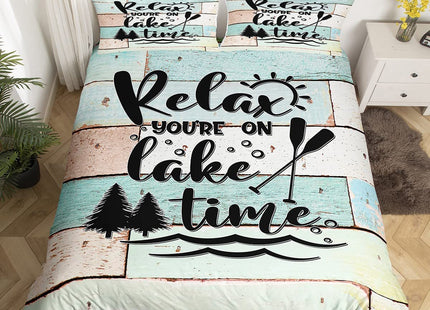 Lake Life Theme Duvet Cover Set Twin Size,Light Blue Green Wood Stripes Comforter Cover Rustic Farmhouse Style Bedding Set for Kids Girls Women Teens Room Decor Lake Cabin Quotes Quilt Cover 2pcs
