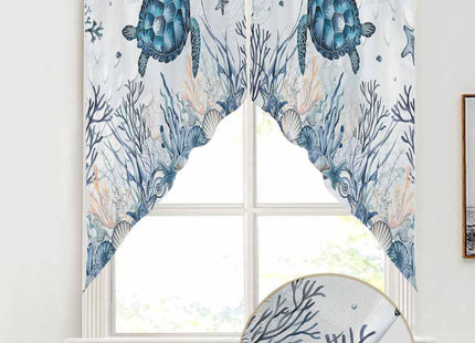 Lsrtoss Blue Sea Turtle Swag Valances for Windows, Kitchen Curtains 36 Inch Length 2 Panels Set, Beach Coastal Nautical Ocean Coral Short Curtain for Small Windows Rod Pocket Cafe 28"x36"