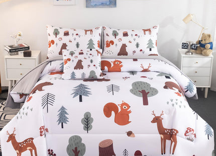 BYHOFMLY Queen Comforter Set for Boys 6 Pieces Forest Theme White Bedding Set with Sheets Woodland Animals Printed Teen Boy Bed in A Bag for All Season (Forest, Queen)