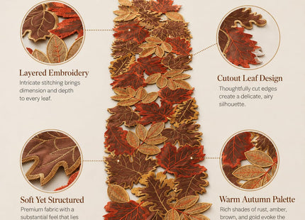 Fall Table Runner 13x69 Inches Long Autumn Maple Leaf Embroidered Runner