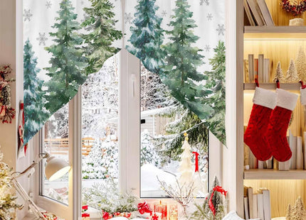 Christmas Swag Valance, Green Pine Tree Xmas Rod Pocket Kitchen Valance Curtains Winter Snowflake Scalloped Swag Curtains for Christmas Living Room Bathroom Window, 1 Pair, 36" W x 36" L