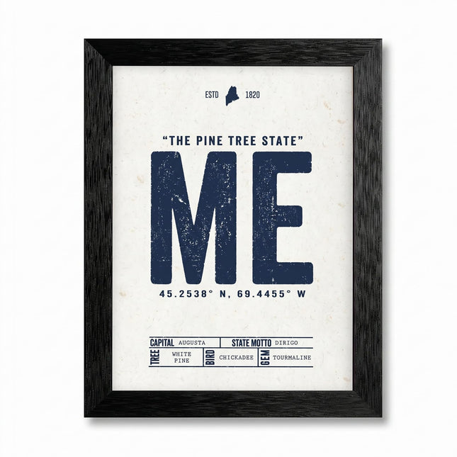 Framed Canvas Wall Art Vintage Maine State Regional Art Navy Ink Aged Cream Industrial Layout Canvas Print Poster Black Frame Wall Decor for Home Office New England Decor, Nautical Art - Inch 12x16