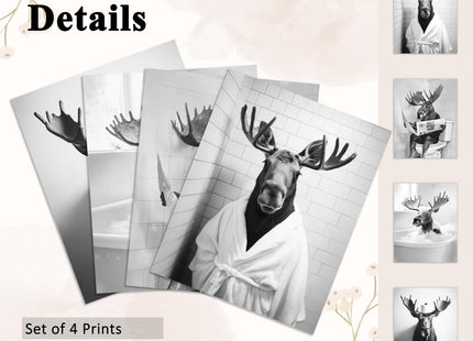 OFJE Funny Moose Wall Art Decor Prints, Black and White Moose Posters Pictures Wall Decor for Bathroom Washroom,Rustic Retro Wall Decorations Humor Animals Artwork Prints,8x10inchx4pcs,Unframed,PJ1096