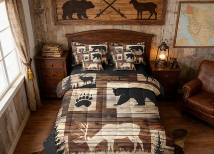 Erosebridal Rustic Cabin Patchwork Twin Bedding Set 7-Piece for Home, Hunting Camping Animal Comforter Set with Sheets, Bear Deer Forest Wildlife Bed in A Bag, Farmhouse Country Lodge Bed Sets