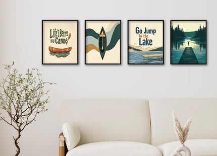 NaZaUK Lake House Wall Art Set of 4, Canoe Cabin Decor, 8x10 in Unframed