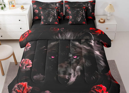 Erosebridal Black Wolf Bed in a Bag Queen Comforter Set 7 Piece,Red Rose Bedding Sets Romantic Flowers Bed Sheets,Wild Woodland Animals Sheet Set with Comforter