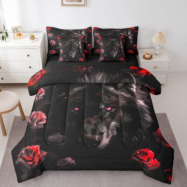 Erosebridal Black Wolf Bed in a Bag Queen Comforter Set 7 Piece,Red Rose Bedding Sets Romantic Flowers Bed Sheets,Wild Woodland Animals Sheet Set with Comforter