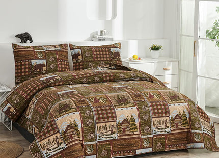 Oliven Cabin Bedding Quilt Twin Size Lodge Patchwork Quilt Set Rustic Bedspread Forest Huts Bear Duck Pine Cone Coverlet Summer Lightweight Plaid Bed Cover Pillow Shams