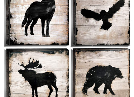 Rustic Animals Silhouette Cabin Wall Decor Wildlife Wall Art Woodland Nursery Bear Pictures for Living Room Farmhouse Moose Wolf Eagle Deer Poster Canvas Artwork Bedroom Lodge Home Decoration 12x12 4P