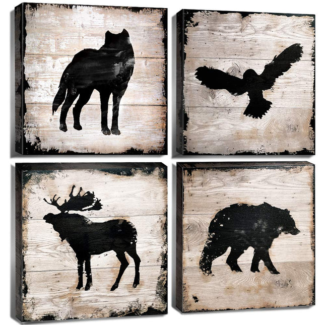 Rustic Animals Silhouette Cabin Wall Decor Wildlife Wall Art Woodland Nursery Bear Pictures for Living Room Farmhouse Moose Wolf Eagle Deer Poster Canvas Artwork Bedroom Lodge Home Decoration 12x12 4P