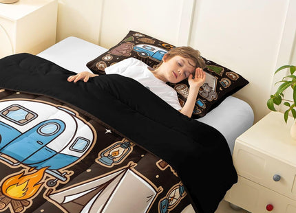 Erosebridal Kids Adults Camping Tent Twin Bedding Set,Camper Comforter Set Retro Adventure Theme Decor,Woodland Pine Tree Mountain Comforter Set Nature Scenery Quilt Bed Set with 1 Pillow Case