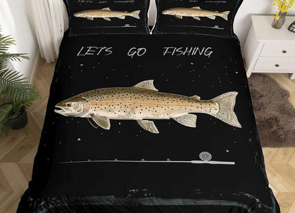 Fishing Duvet Cover Set Twin Size,Bass Fish Printed Bedding Set 2Pcs,Fishing Lover Hunting Fish Comforter Cover for Teens Men Adult Kids Room Decor,Black Lake House Life Quilt Cover,1 Pillowcase