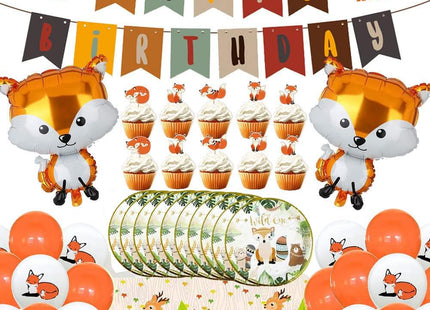 Fox Theme Birthday Party Supplies Decorations, 38PCS Fox Party Supplies Kit includes Fox Happy Birthday Banner, Fox Balloons and Various Party Tableware Supplies with Cartoon Fox