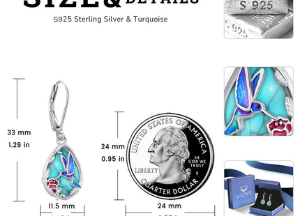 LOOVE Hummingbird Earrings Sterling Silver Filigree Turquoise Earrings Bird Dangle Earrings for Women Teardrop Leverback Earrings Hummingbird Jewelry Turquoise Gifts