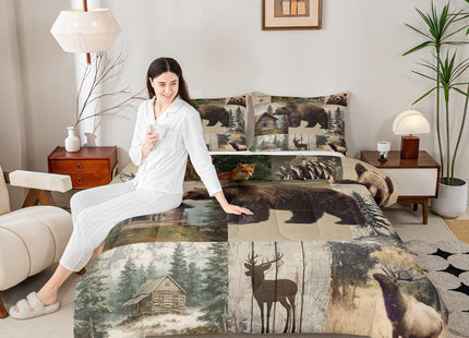 Feelyou Bear Comforter Cover Toddler Size Cabin Bedding Set Wild Animal Hunting Quilt Set for Kids Boys Teens Room Decor Western Rustic Farmhouse Duvet Cover Green Beige