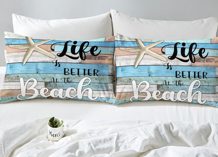 Manfei Beach Starfish Sheet Set Twin Size, Life is Better at The Beach Bed Sheet Set 3pcs with Deep Pocket Fitted Sheet + Flat Sheet + 1 Pillowcase, Rustic Farmhouse Bedding Set for Kids Boys Teens