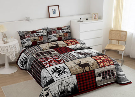 Feelyou Plaid Deer Elk Bear Wolf Comforter Set for Girls Boys Rustic Cabin Farm Forest Camping Hunting Comforter Farm Forest Bedding Set Farmhouse Lodge Duvet Set Full Size Quilt Set