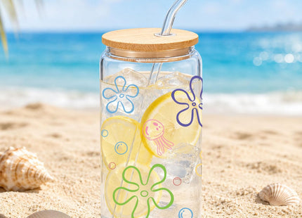 Mikopei beach gifts for women, Sea Glass Cup with Lid and Straw, 16 oz