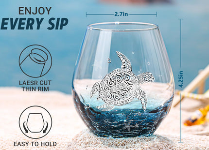 Physkoa Sea Turtle Gifts for Women-13.5oz Sea Turtle Wine Glasses set of 2 - Crackle teal design turtle wine glasses-Hand blown Stemless Wine Glass -Sea lovers Gifts for Birthday，Mothers Day