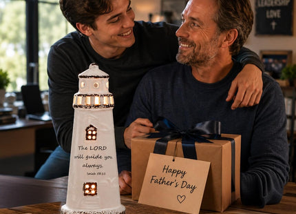 DAILYBREAD Christian Lighthouse Lamp for Men – Ceramic LED Night Light with Scripture Verse, Inspirational Gift for Dad, Husband, Pastor, Christian Home Decor 8" H