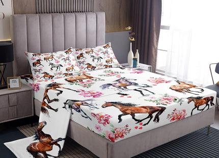 Erosebridal Horse Bed Sheets Set for Girls - Pink Horse Rose Sheet Set Full - Farmhouse Sheets for Cabin Lodge - Western Cowboy Cowgirl Flat Fitted Sheet with 2 Pillowcases Deep Pockets