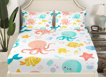 Erosebridal Ocean Octopus Fitted Sheet Twin Size,Coastal Beach Theme Bedding Set Nautical Bedroom Decor,Sea Fish Whale Starfish Bed Set for Kids Boys Girls,Marine Life Bottom Sheets Only (2Pcs)