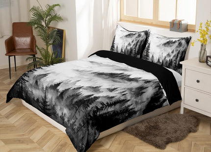 Erosebridal Black Gray Misty Forest Duvet Cover King Grey White Foggy Mountain Bedding Set Rustic Woodland Pine Trees Comforter Cover for Kids Teen Adults,Watercolor Nature Theme Bed Set