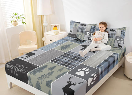 Rustic Patchwork Fitted Sheet, Checkered Buffalo Plaid Bedding Set for Kids Teens Adult, Woodland Wildlife Bear Moose Elk Pine Trees Pattern Printed Bed Sheets Farmhouse Decorations, Twin Size