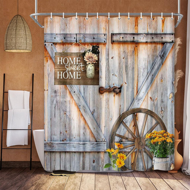 Jipusai Rustic Barn Door Shower Curtain for Bathroom, Western Farmhouse Yellow Daisy Floral Bath Curtain Sets,Fabric Countryside Wooden Cabin Decor Curtains with Hooks 70X70IN