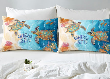 Erosebridal Sea Turtle Fitted Sheet Queen for Boys Girls - Ocean Theme Bed Sheets, Blue Marble Bedding Set - 3 Pcs