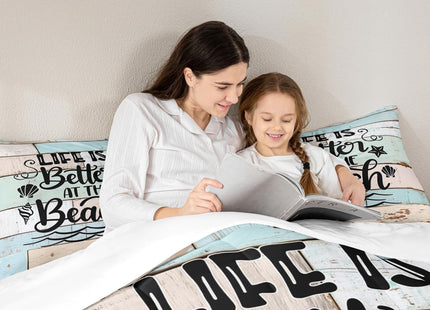Summer Beach Comforter Set Twin Size,Starfish Shell Lake Life Bedding Set 2pcs for Kids Boys Girls Adults,Old Wooden Plank Rustic Cabin Down Comforter,Teal Beige Retro Duvet Insert,1 Pillowcase