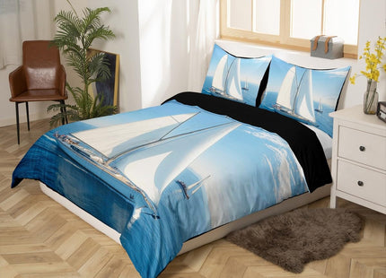 Erosebridal Sailing Boat Comforter Cover Nautical Bedding Set Sea Wave Print Duvet Cover Sea Landscape Bedspread Cover, Blue Breathable Decoration 1 Duvet Cover with 2 Pillow Cases Queen Size