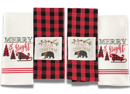 Christmas Holiday Kitchen Hand Dish Towels, Red Black Checkered Tree Bear