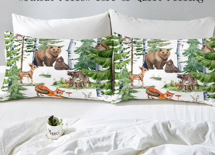 LUVIVIHOME 2PCS Deer Bear Duvet Cover Twin, Toddler Baby Boys Girls Kids Bedding Set, Cute Fox Rabbit Racoon Owl Green Forest Animals White Comforter Quilt Cover, Woodland Nursery Decor, 1 Pillow Sham