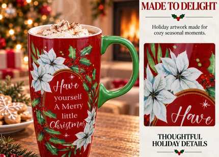 Topadorn 17oz Poinsettia Holly Ceramic Coffee Mug with Lid & Gift Box