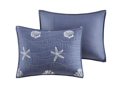 Harbor House Seaside Reversible Cotton Quilt Set Coastal Clam, Starfish, Coral Embroidery, All Season, Pre-Washed Coverlet Bedding Layer, Decorative Pillow, Full/Queen(90"x90") Navy 4 Piece