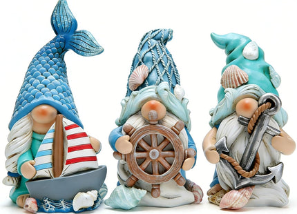 Hodao Coastal Nautical Gnome Figurines Set, Ocean Theme Resin Gnome Decor with Anchor Helm Sailboat, Beach Coastal Home Tabletop Decoration Gift for Spring Summer All Season