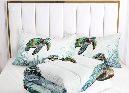 AILONEN Sea Turtle Comforter Set Queen Size, Teal Green Ocean Beach Coastal Bedding 3 Pieces Twin Bed in a Bag,Ocean Turtle Quilt with 2 Pillowcases for Boys Girls Adults