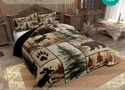 Feelyou Western Rustic Bear Deer Comforter Set Queen Size, Country Farmhouse Duvet Insert, Rustic Cabin Bedding Set,Elk Forest Animal Wildlife Hunting Patchwork Lodge Quilt, 2 Pillow Shams