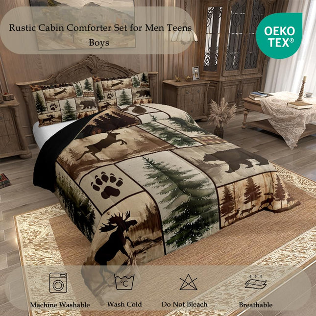 Feelyou Western Rustic Bear Deer Comforter Set Queen Size, Country Farmhouse Duvet Insert, Rustic Cabin Bedding Set,Elk Forest Animal Wildlife Hunting Patchwork Lodge Quilt, 2 Pillow Shams