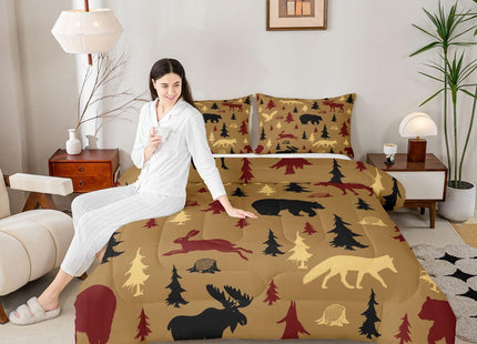 Feelyou Cabin Lodge Bedding Set Soft for Boys Girls, Bear Fox Moose Comforter Set Toddler Size Woodland Wild Animal Duvet Quilt Microfiber Farmhouse Bedroom Decor Brown 2 Pcs with 1 Pillow Cases