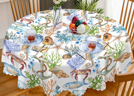 AOYEGO Marine Animals Round Tablecloth 60 Inch Fish Hippocampus Starfish Conch Crab Coral Bottle Ship Anchor Table Cloth Polyester Tablecloths for Home Decor, Parties, Picnic