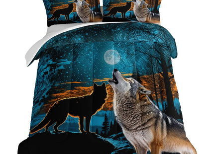HOSIMA Wild Wolf Comforter Forest Animal Print Bedding with 2 Pillow Shams,Tree Moon Wolf Bedding Sets for Boys Kids Man Room Decor Snowy Forest Blue Queen Comforter Set.